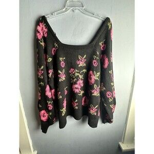 Cato Roses Women's Plus 26/28 Sweater Black Floral City Classic Retro